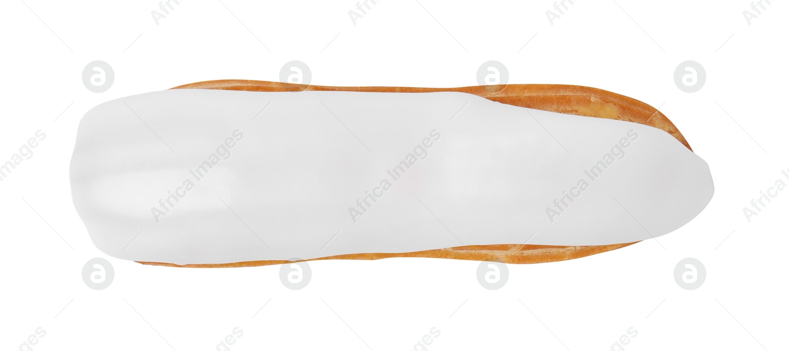 Photo of One delicious eclair covered with glaze isolated on white, top view