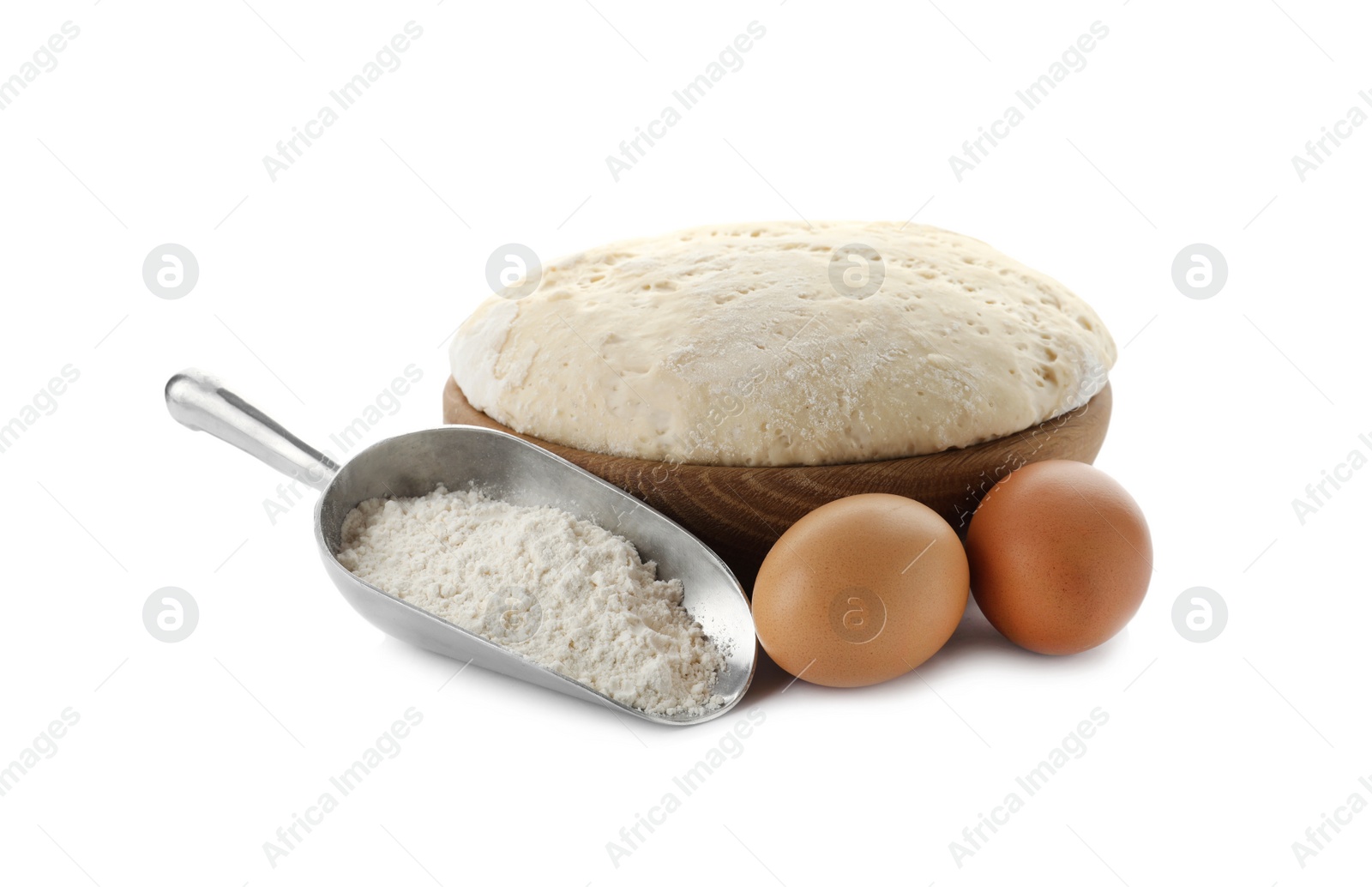 Photo of Dough, eggs and flour on white background. Cooking pastries