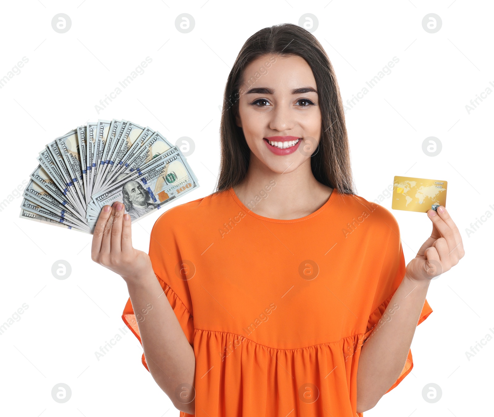 Photo of Portrait of happy young woman with money and credit card on white background