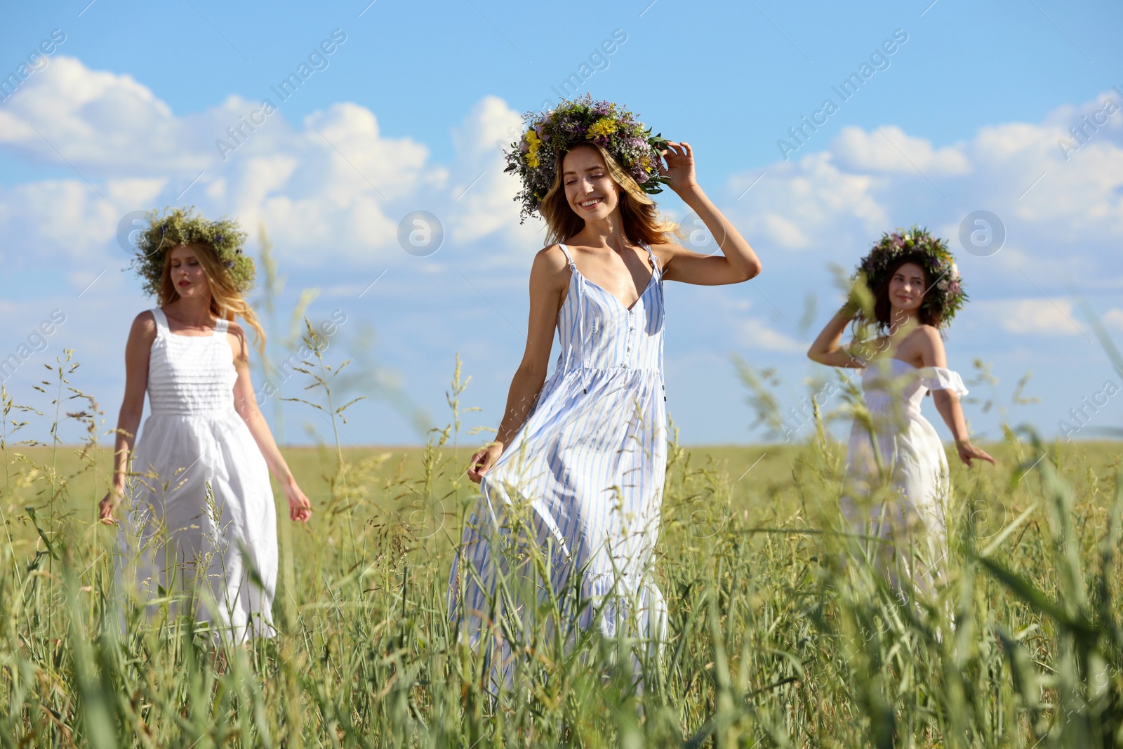 Photo of Young women wearing wreaths made of beautiful flowers in field on sunny day