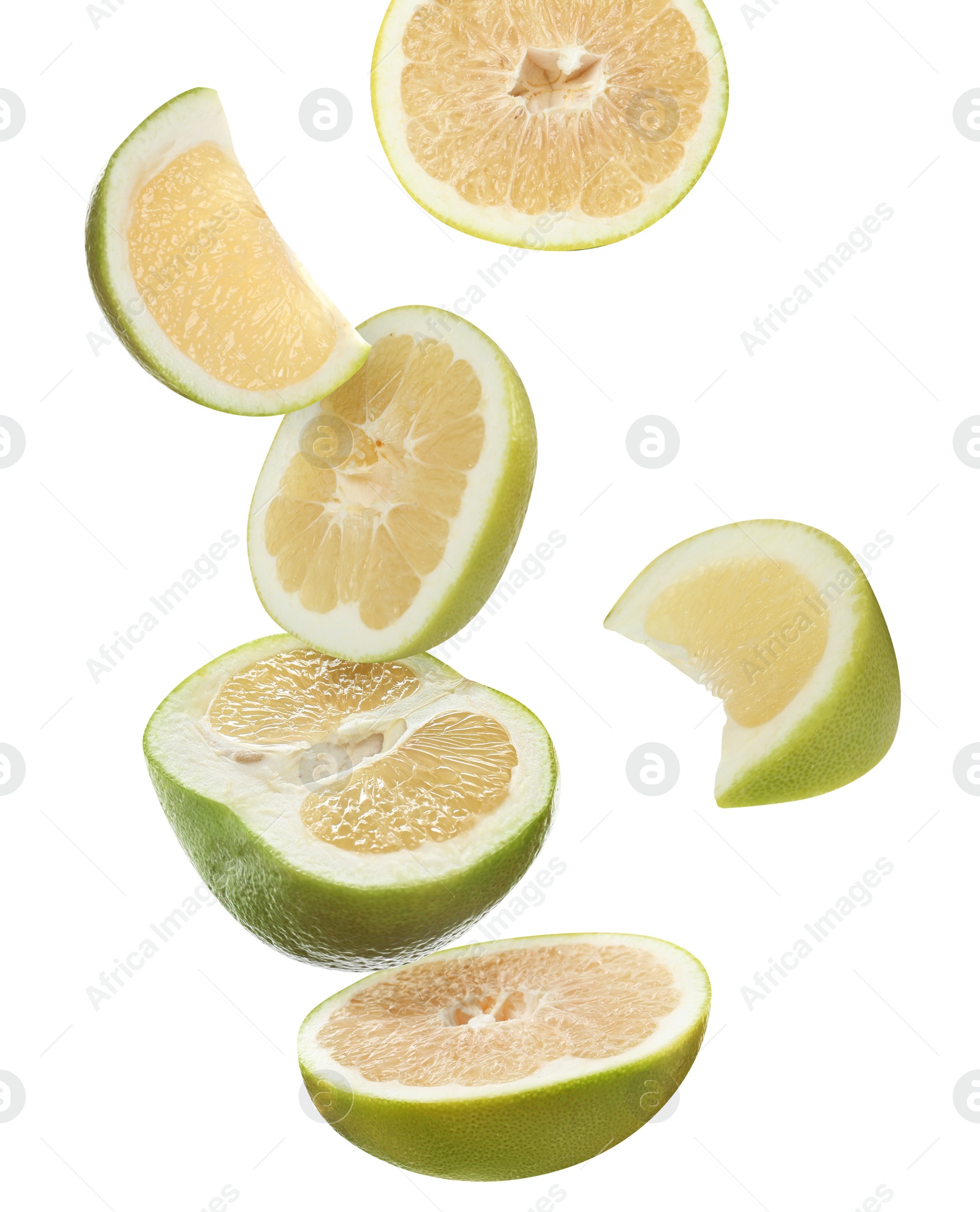 Image of Fresh ripe sweetie fruits falling on white background