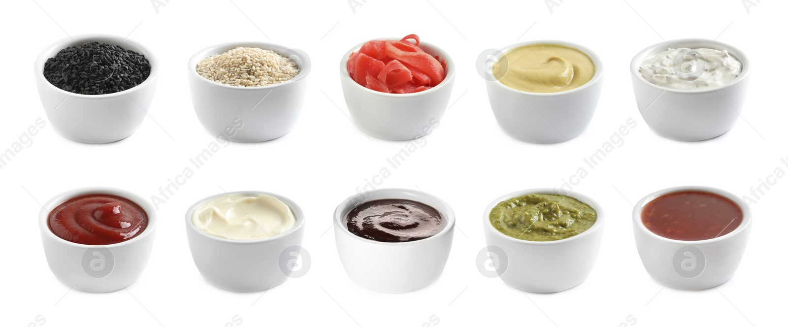 Image of Set of different delicious sauces and condiments on white background. Banner design