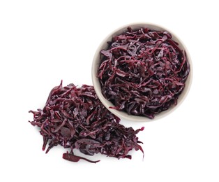 Photo of Bowl with tasty red cabbage sauerkraut isolated on white, top view