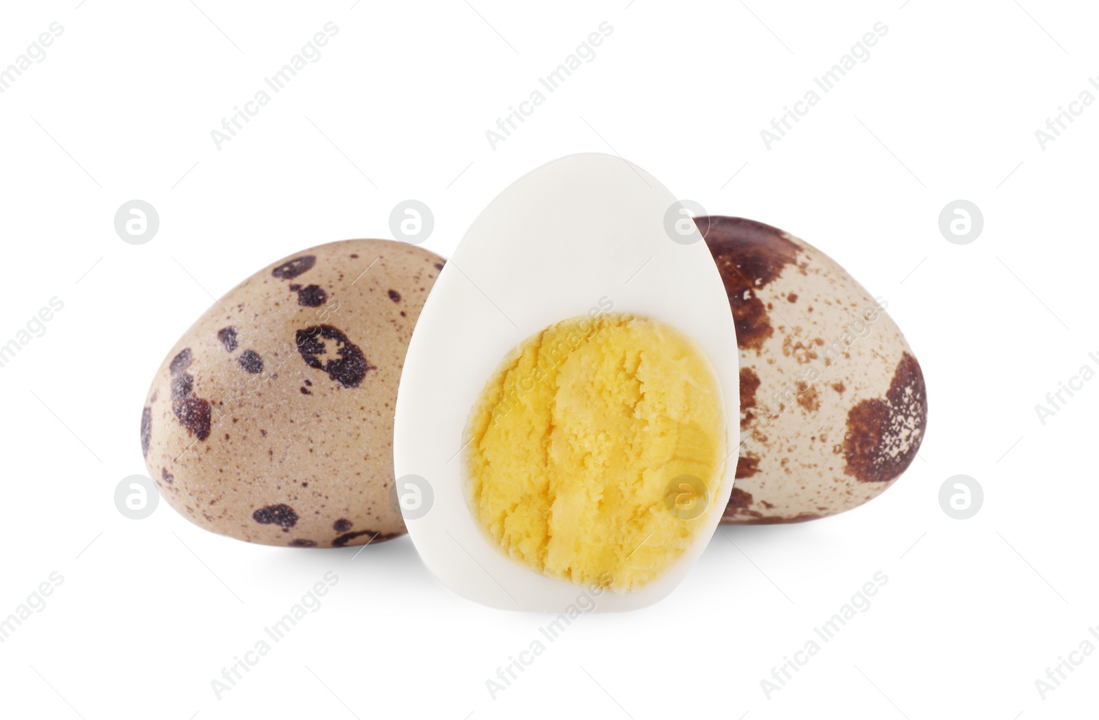 Photo of Unpeeled and peeled hard boiled quail eggs on white background