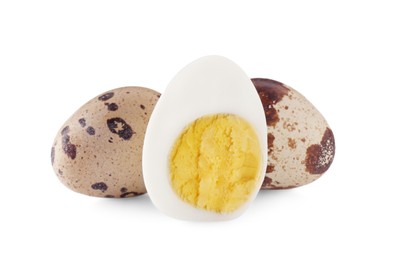 Photo of Unpeeled and peeled hard boiled quail eggs on white background
