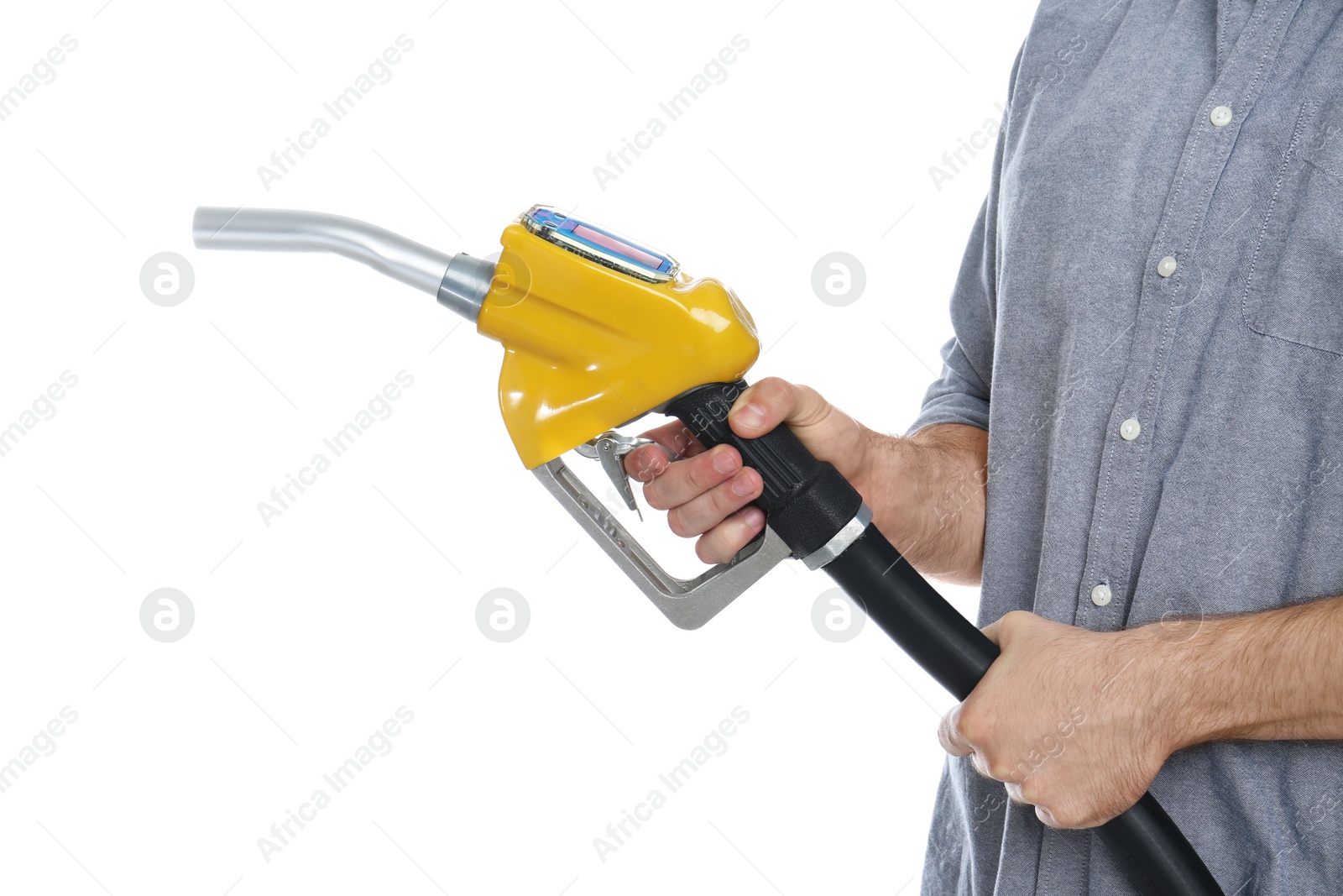 Photo of Man with fuel nozzle on white background, closeup. Gas station