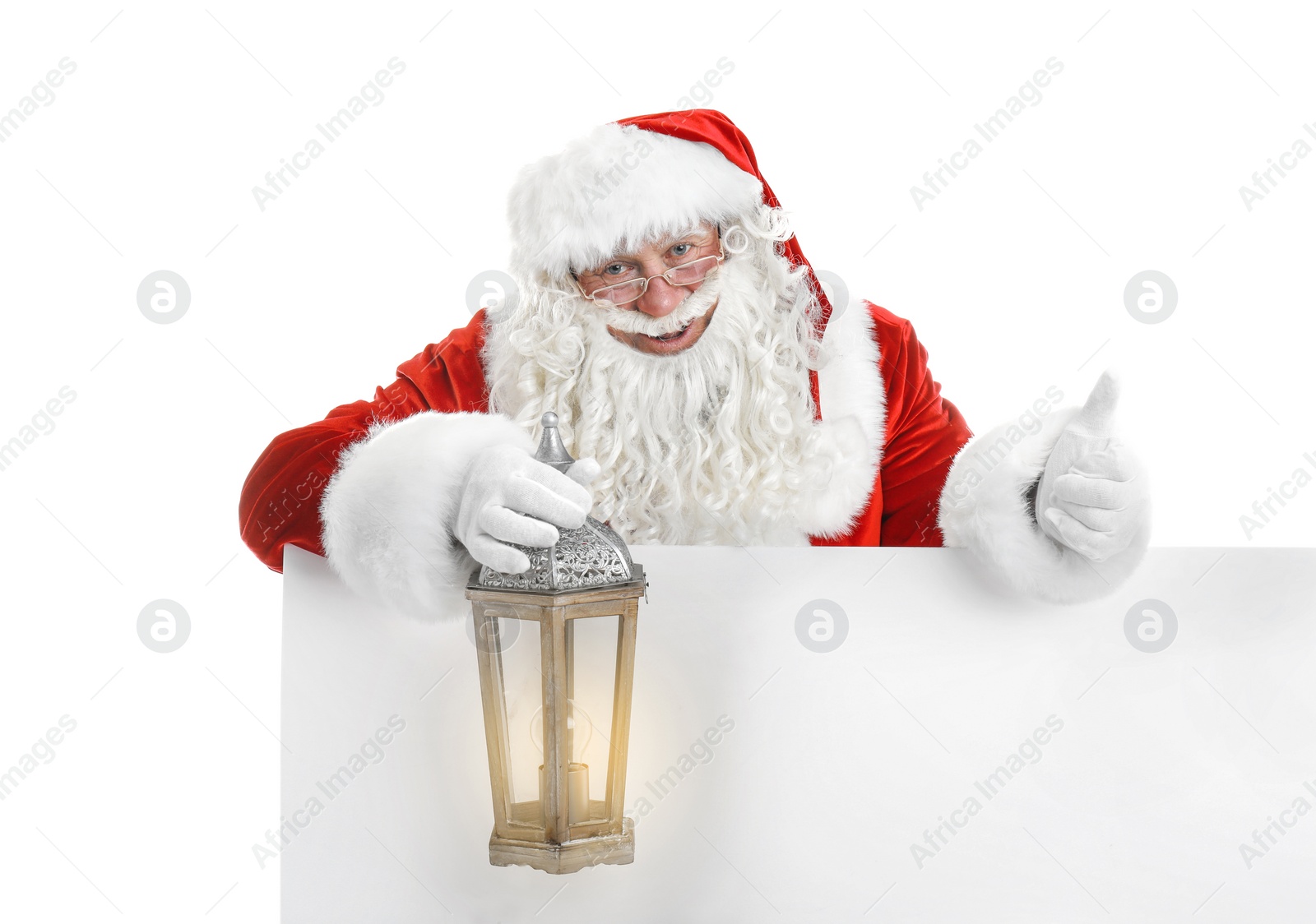 Photo of Authentic Santa Claus with blank poster and lantern on white background