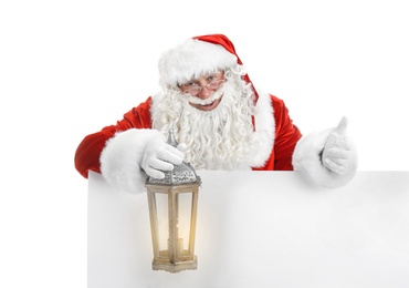 Photo of Authentic Santa Claus with blank poster and lantern on white background
