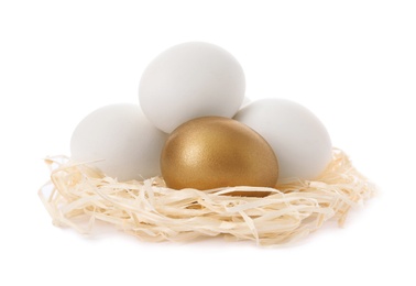 Photo of Golden egg among others in nest on white background