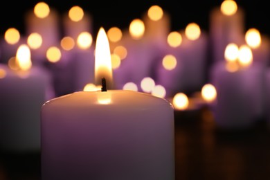 Burning violet wax candles in darkness, closeup. Funeral attributes