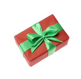 Photo of Red gift box with green bow isolated on white