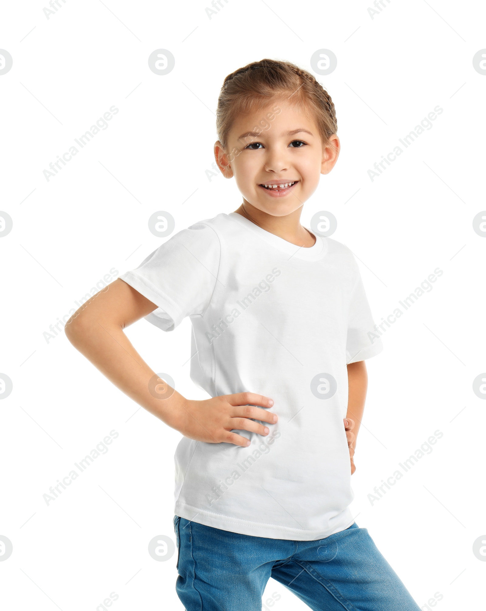 Photo of Little girl in t-shirt on white background. Mockup for design