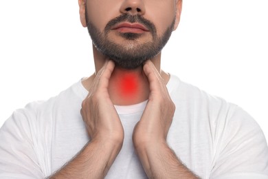 Endocrine system. Man doing thyroid self examination on white background, closeup