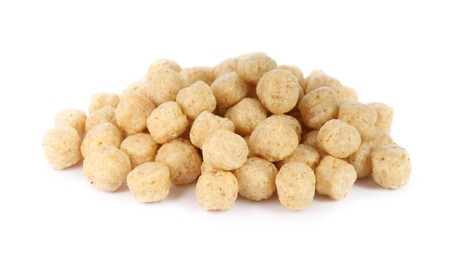 Photo of Sweet crispy corn balls on white background. Breakfast cereal