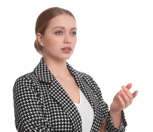 Portrait of young businesswoman on white background