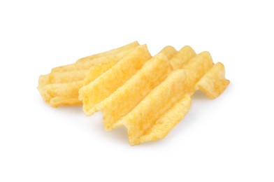 Delicious ridged potato chips on white background