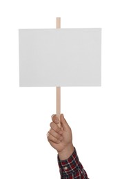 Man holding blank protest sign on white background, closeup