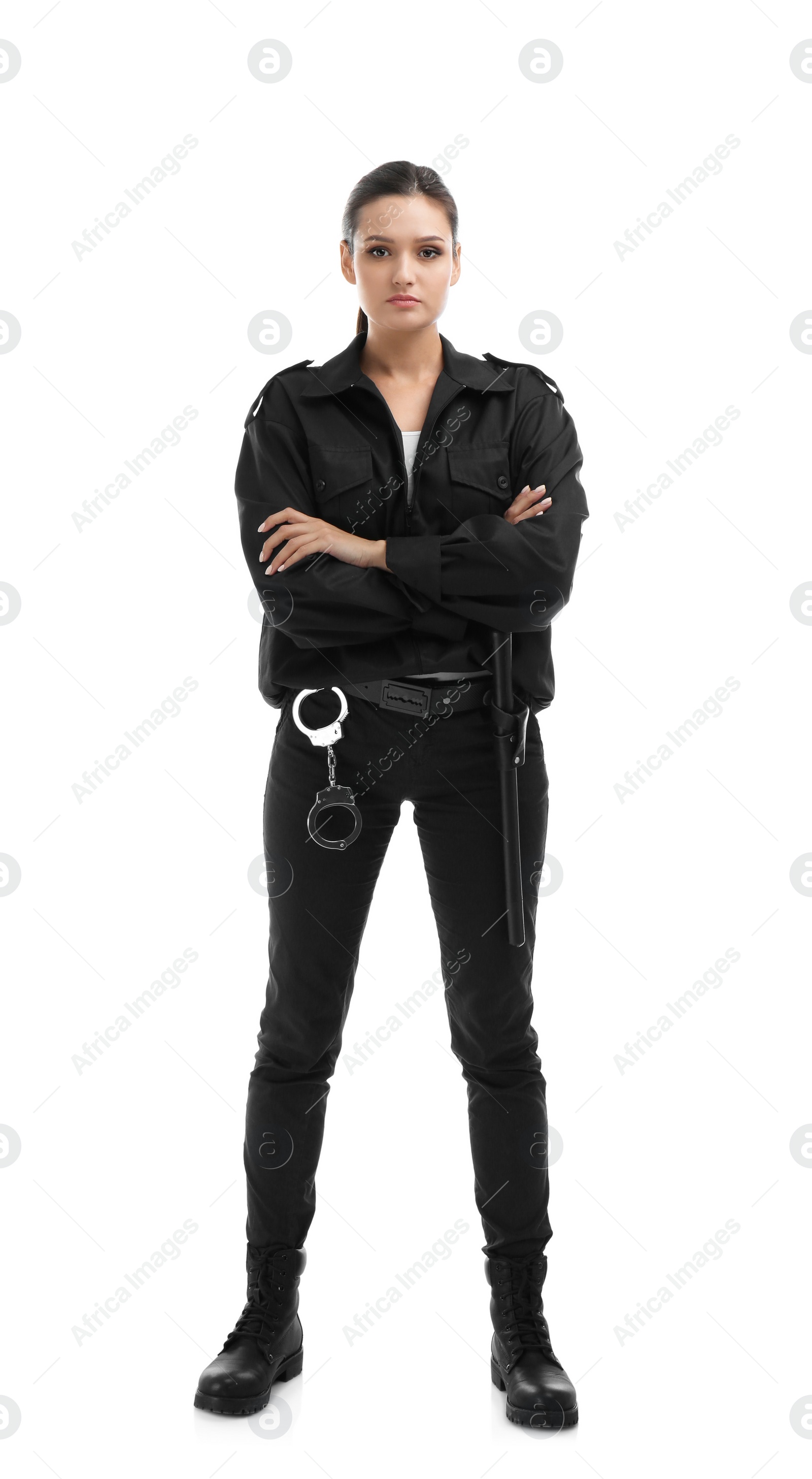 Photo of Female security guard in uniform on white background