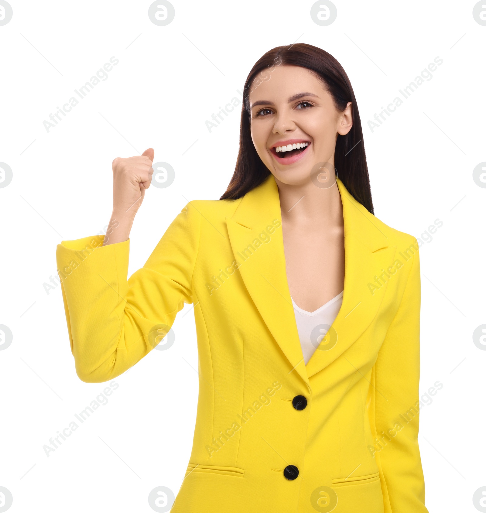 Photo of Beautiful happy businesswoman in yellow suit on white background