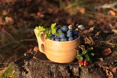 Photo of Wooden mug full of fresh ripe blueberries and lingonberries on stump outdoors