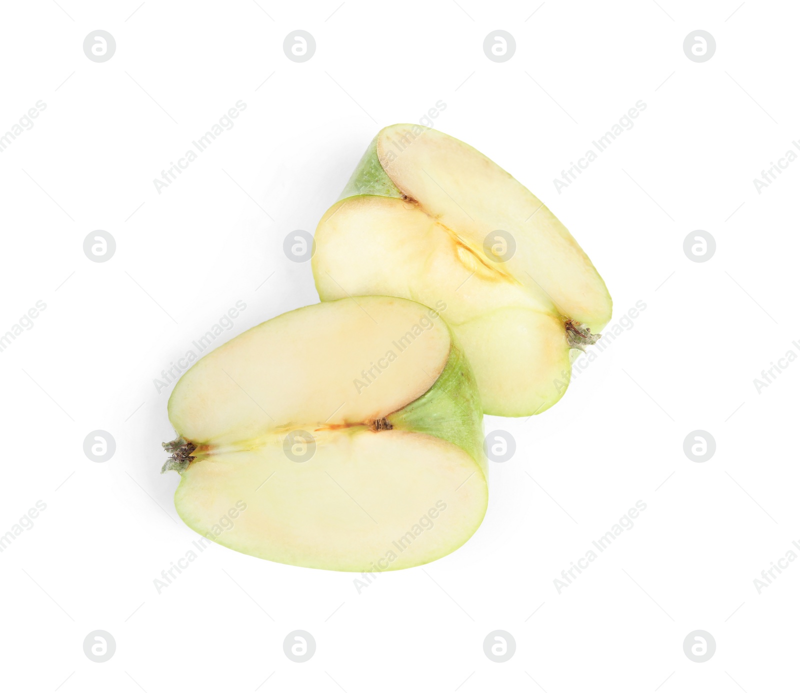 Photo of Pieces of fresh green apple on white background, top view