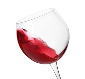 Glass with delicious red wine on white background