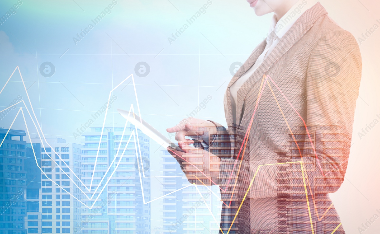 Image of Double exposure of businesswoman with tablet and cityscape, closeup. Forex trading