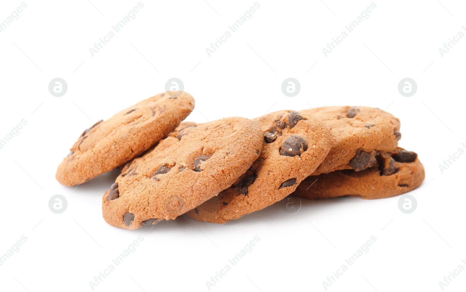 Photo of Pile of tasty chocolate chip cookies on white background