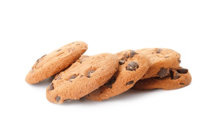 Photo of Pile of tasty chocolate chip cookies on white background