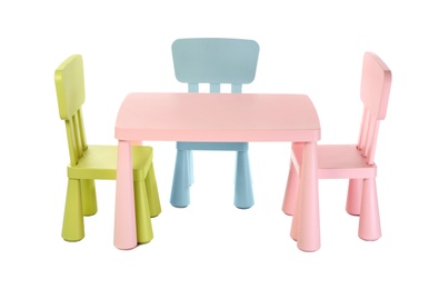 Photo of Colorful table and chairs for little kids isolated on white