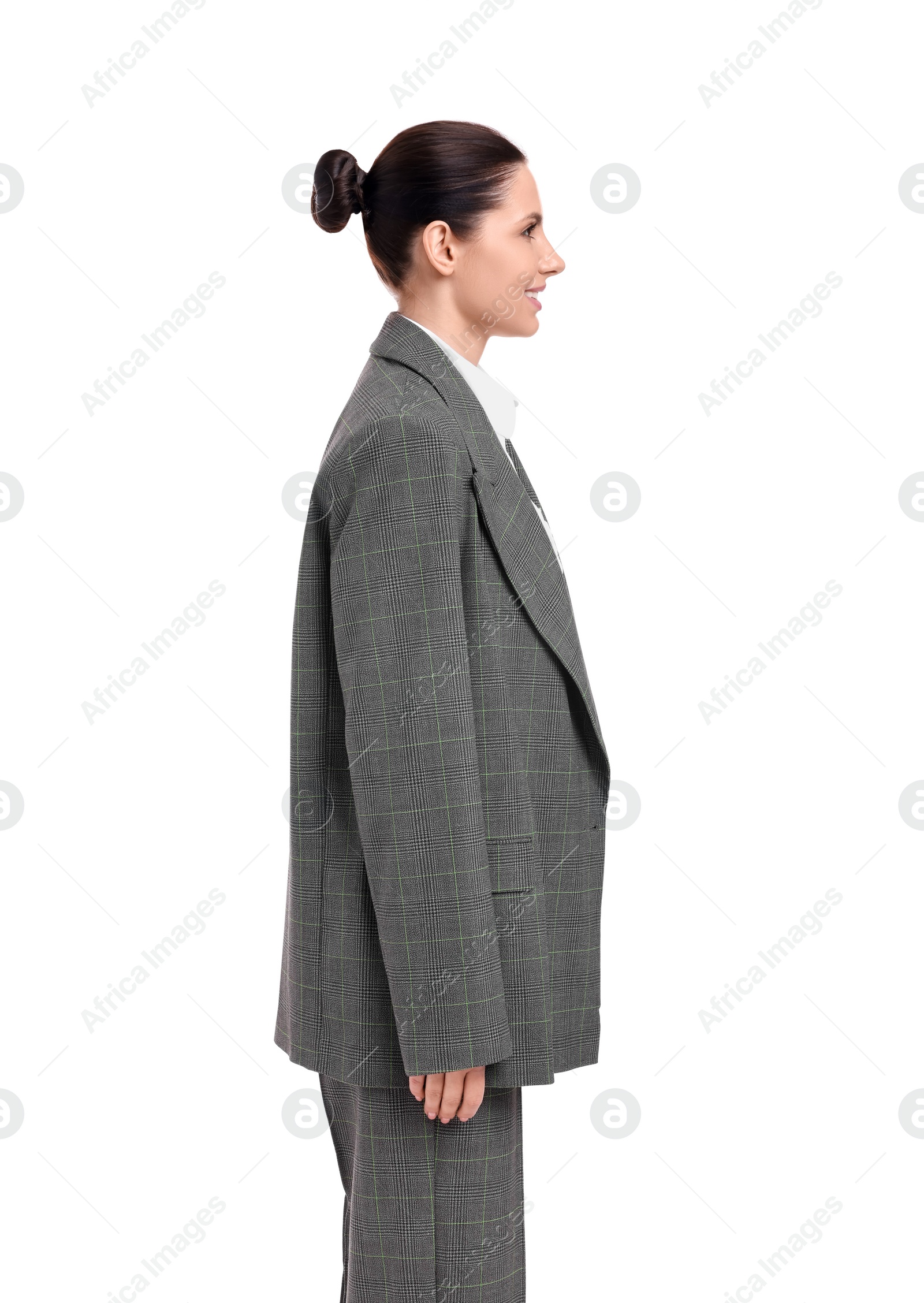 Photo of Beautiful young businesswoman in suit on white background