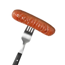 Photo of Delicious grilled sausage on fork against white background. Barbecue food