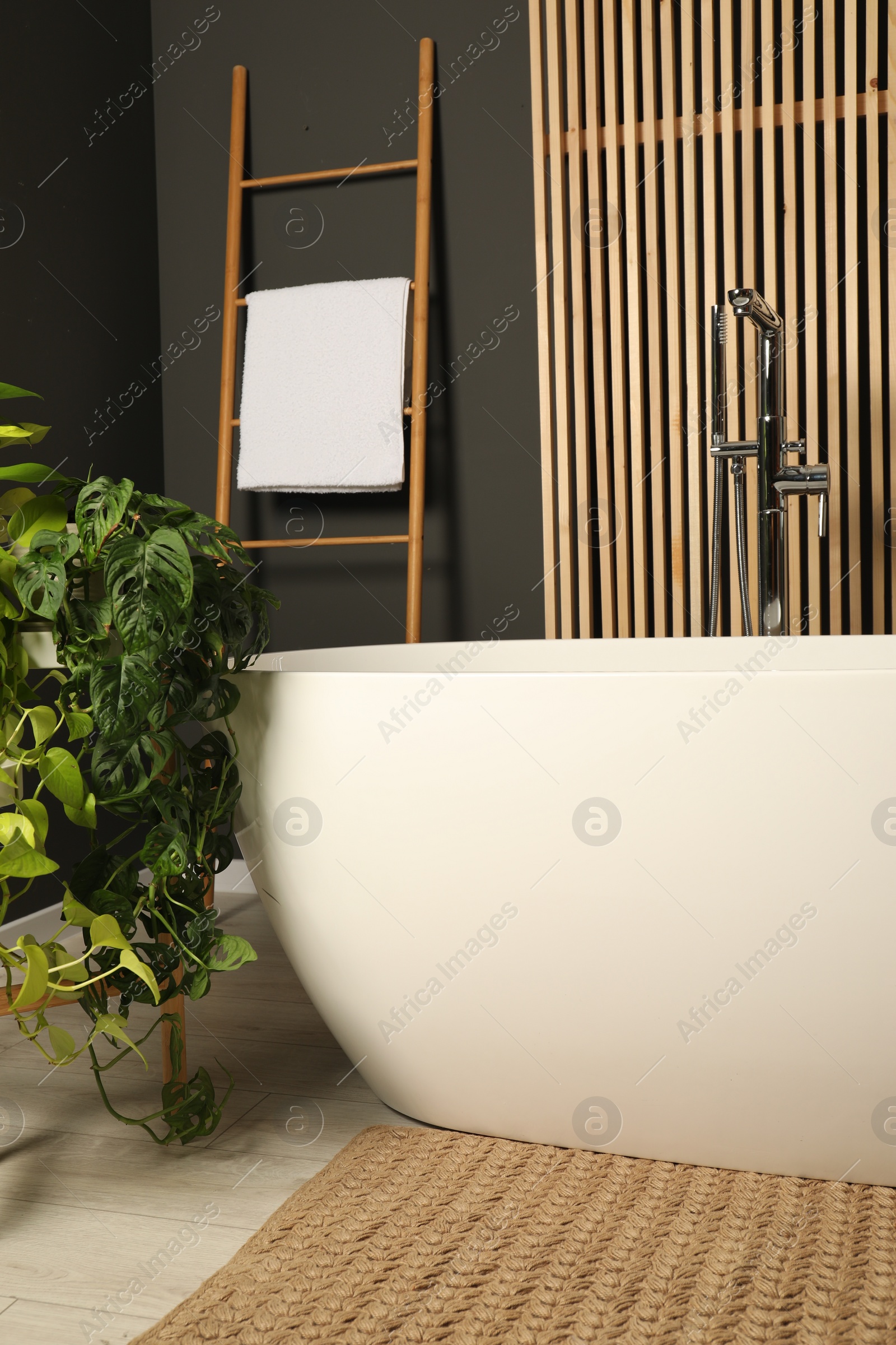 Photo of Spa day. Stylish bathroom interior with ceramic tub and green houseplants