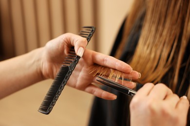 Photo of Professional hairdresser cutting girl's hair in beauty salon, closeup