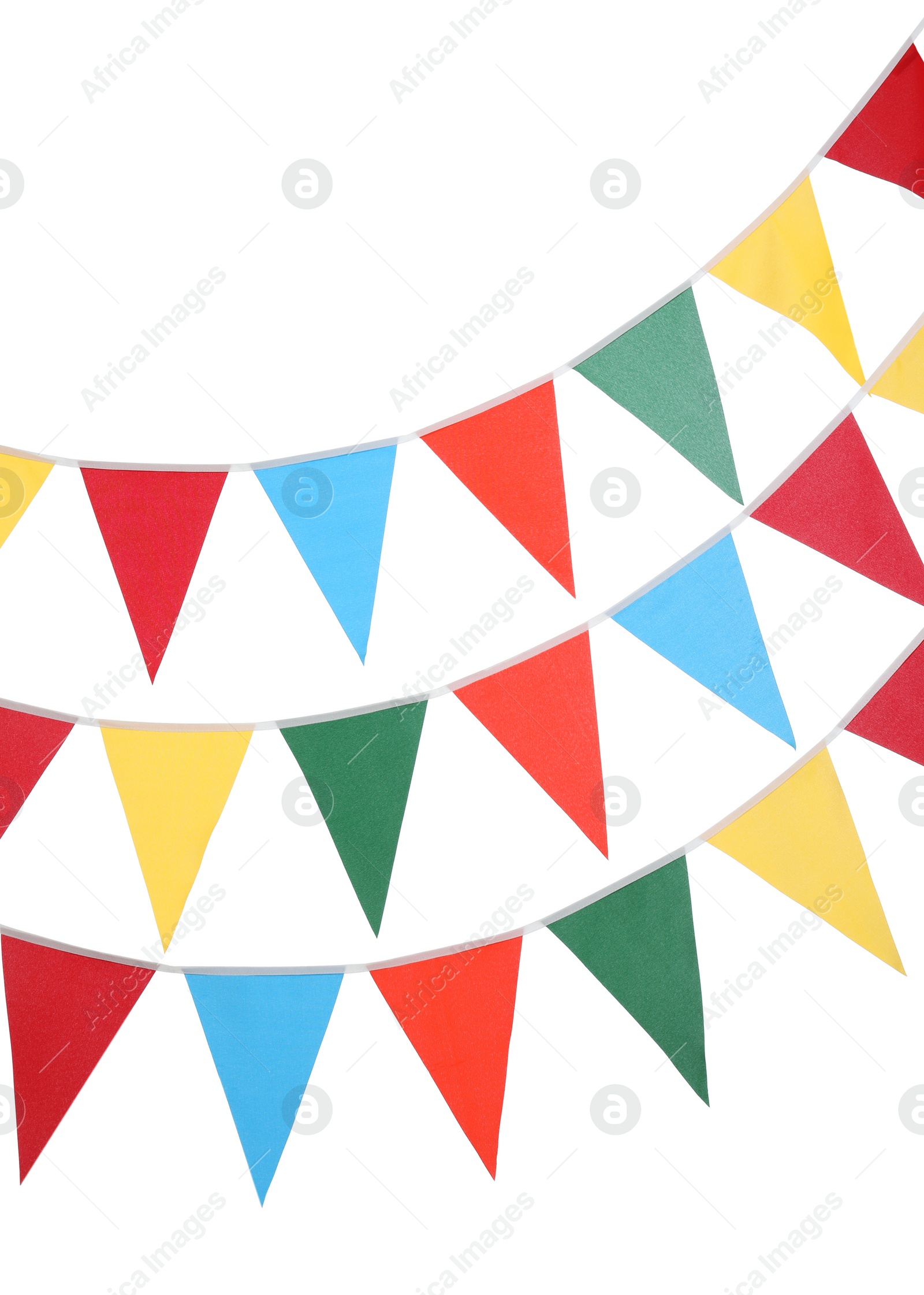 Photo of Buntings with colorful triangular flags on white background. Festive decor