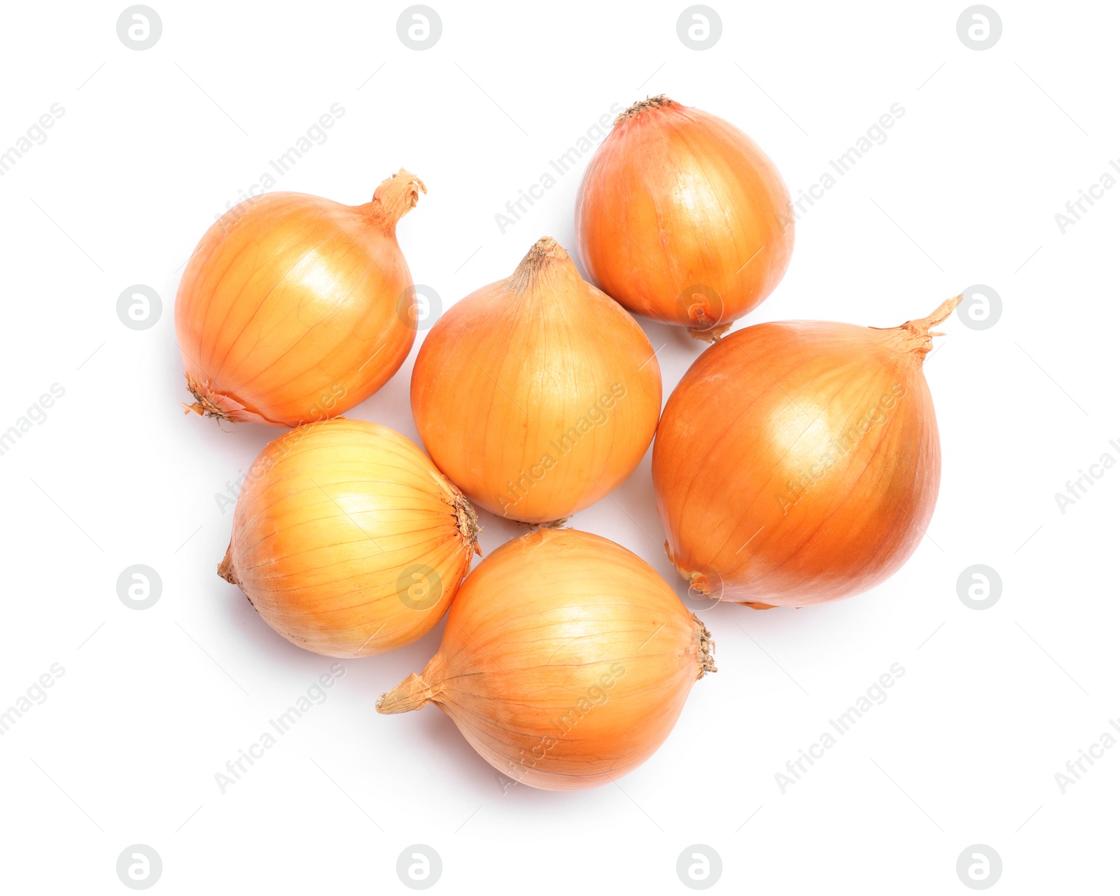 Photo of Fresh ripe onion bulbs on white background