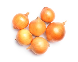 Fresh ripe onion bulbs on white background