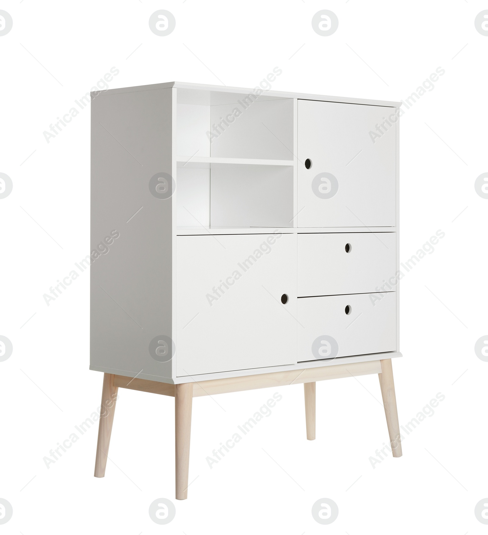 Photo of Stylish dresser with empty shelves on white background. Furniture for wardrobe room