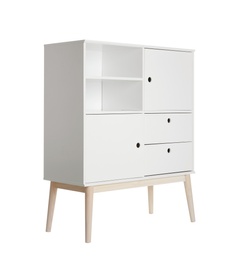 Photo of Stylish dresser with empty shelves on white background. Furniture for wardrobe room