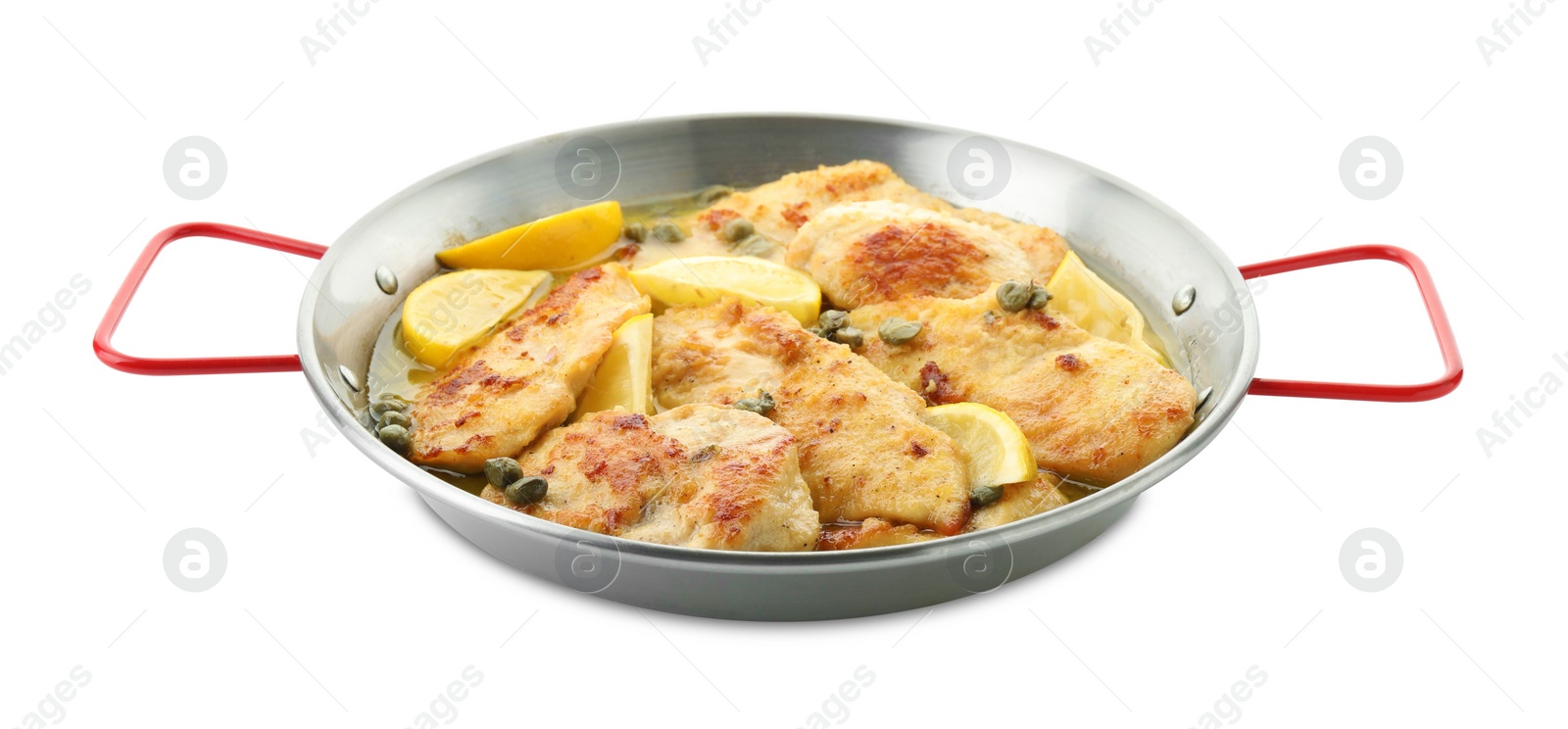 Photo of Delicious chicken piccata in pot isolated on white