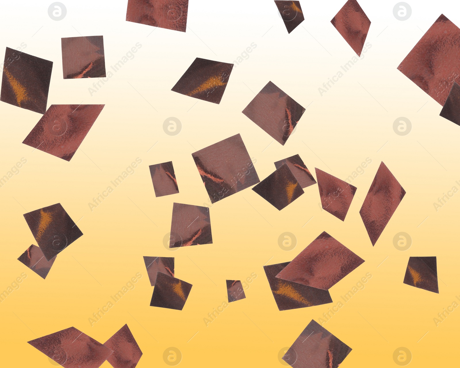 Image of Shiny bronze confetti falling on gradient orange background