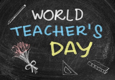 Image of Text World Teacher's Day and drawings on blackboard. Greeting card design