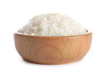 Photo of Bowl of tasty cooked rice on white background