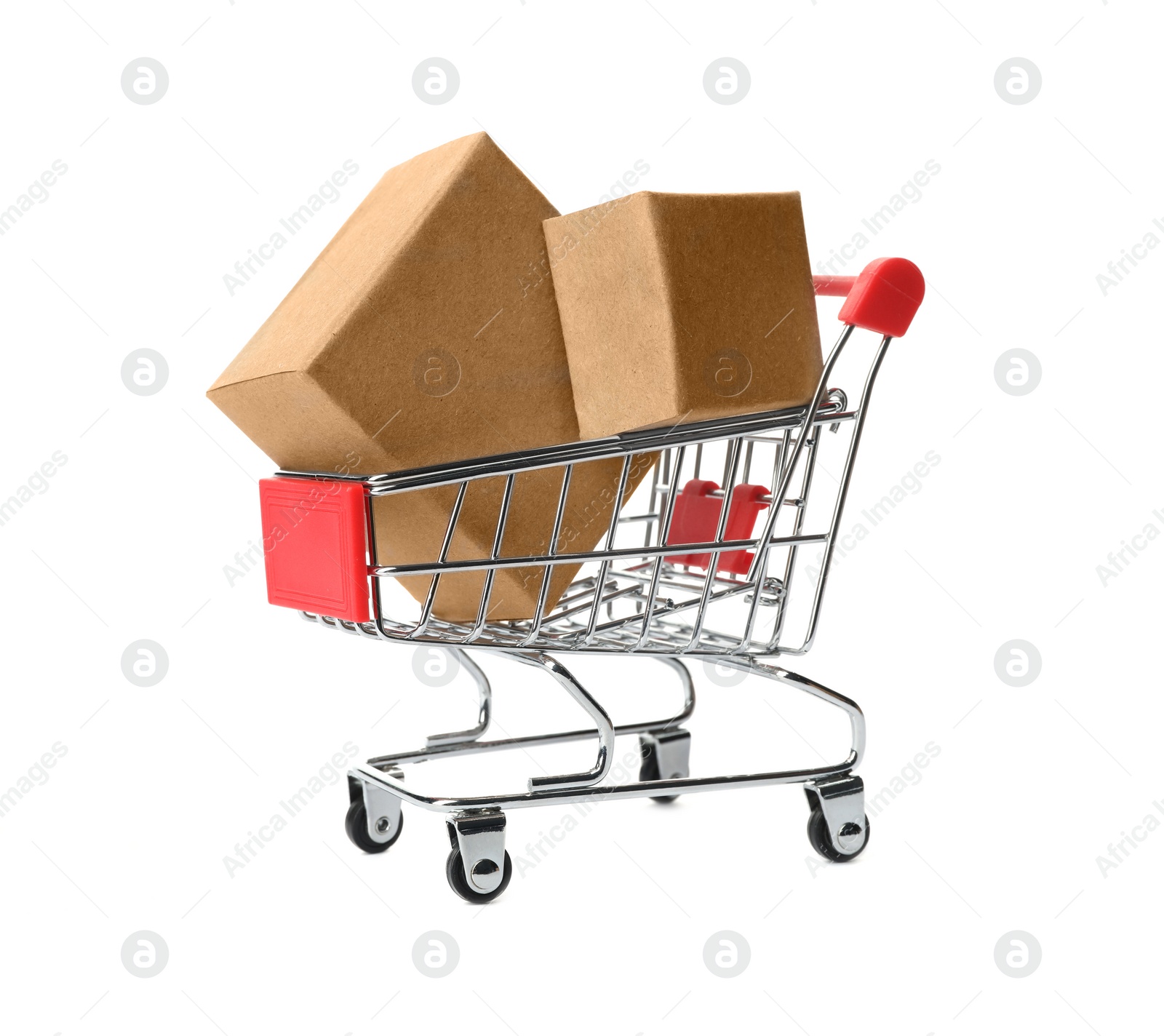 Photo of Shopping cart with boxes isolated on white. Logistics and wholesale concept