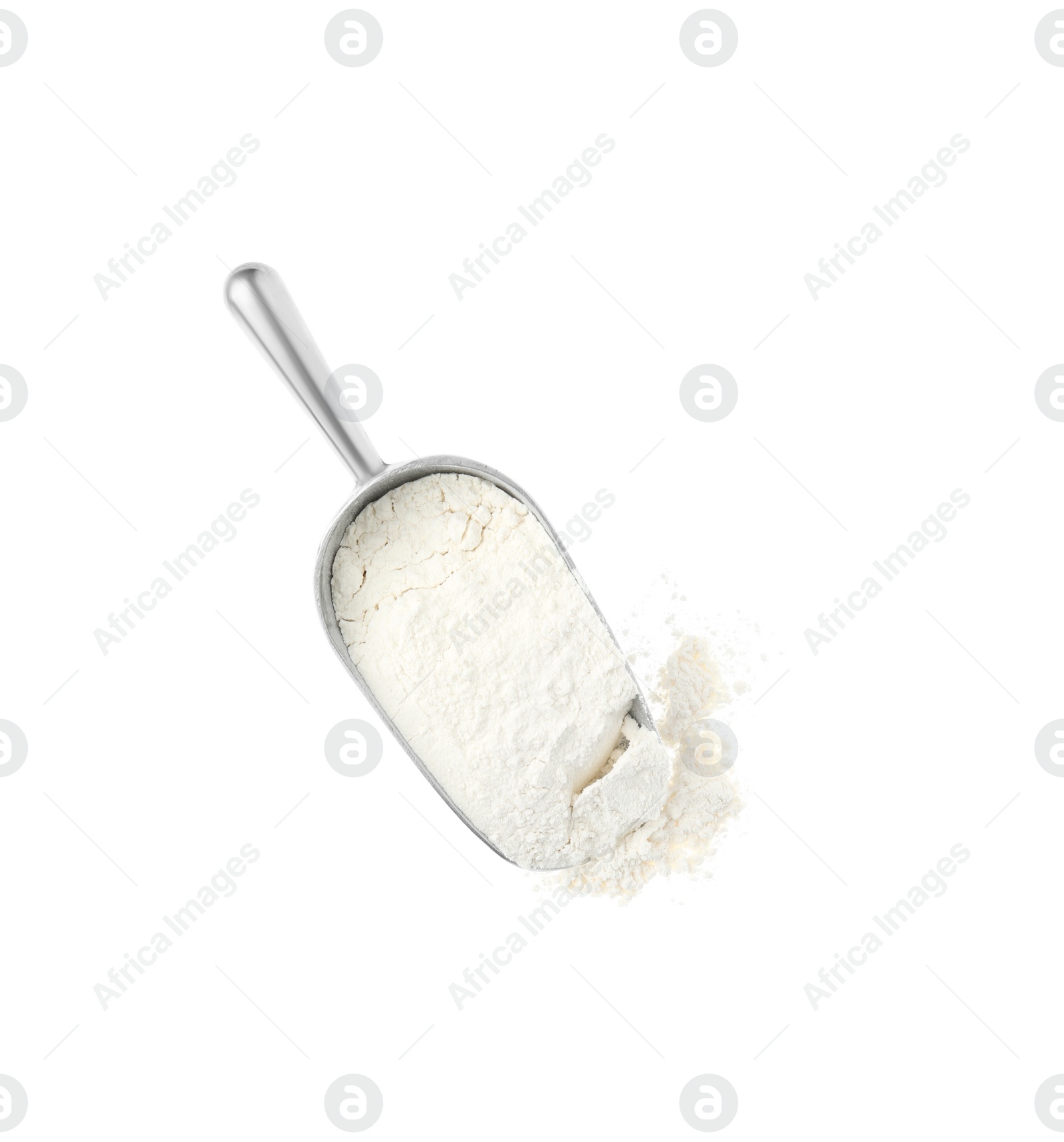 Photo of Scoop with flour isolated on white, top view