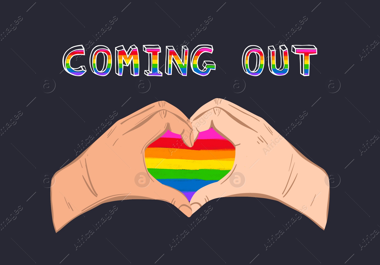 Illustration of Coming Out. Gay couple making heart with hands on dark background. Pride flag between their fingers, illustration