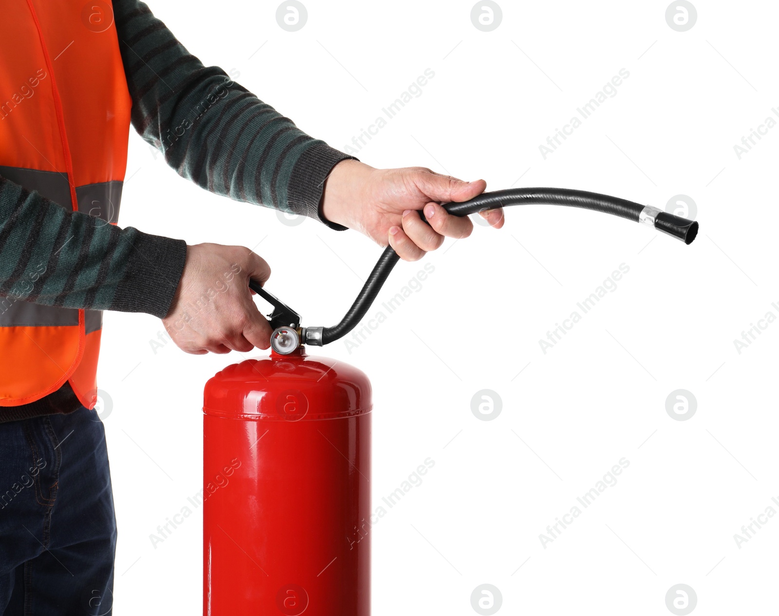 Photo of Man with fire extinguisher on white background, closeup