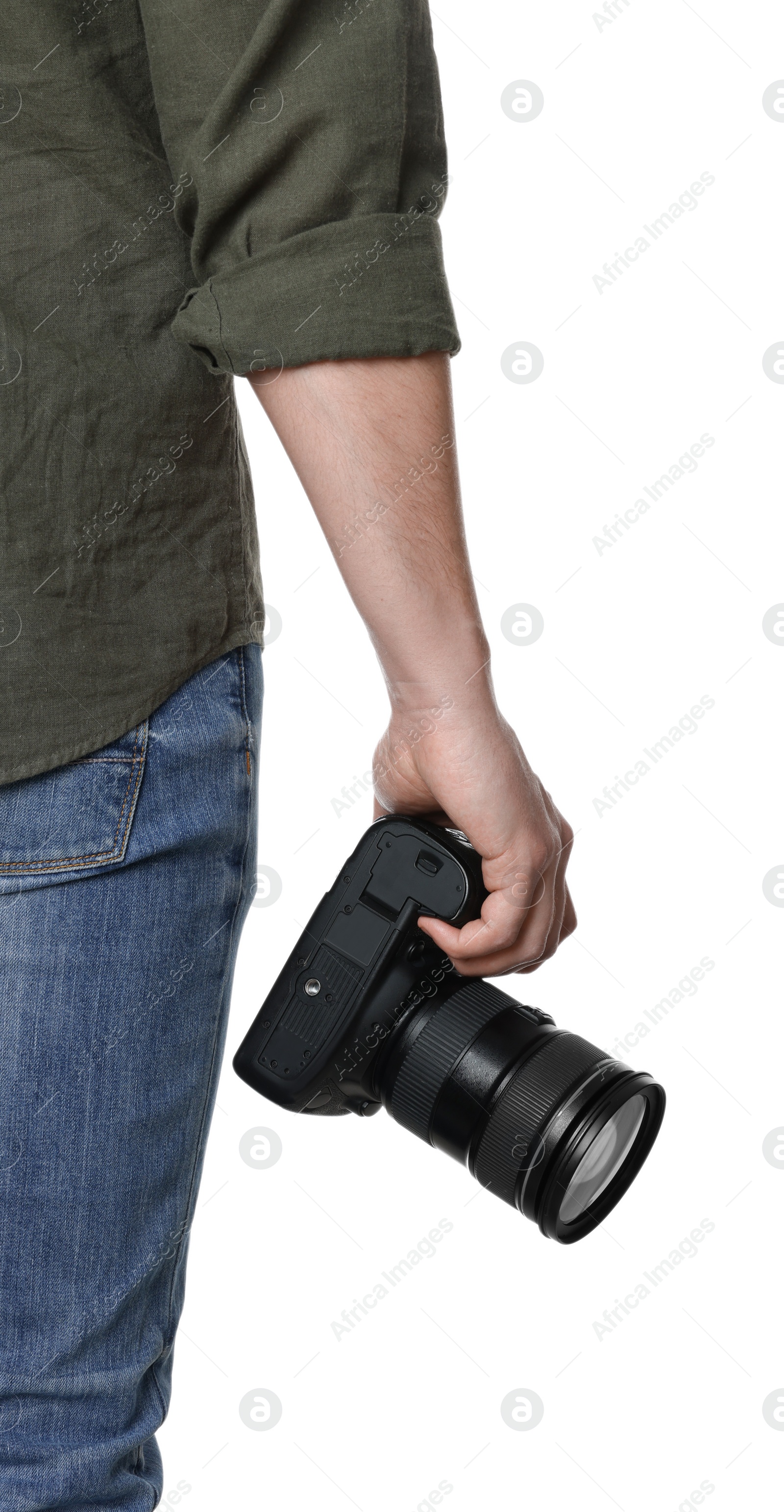 Photo of Photographer holding modern camera on white background, closeup