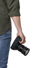 Photographer holding modern camera on white background, closeup