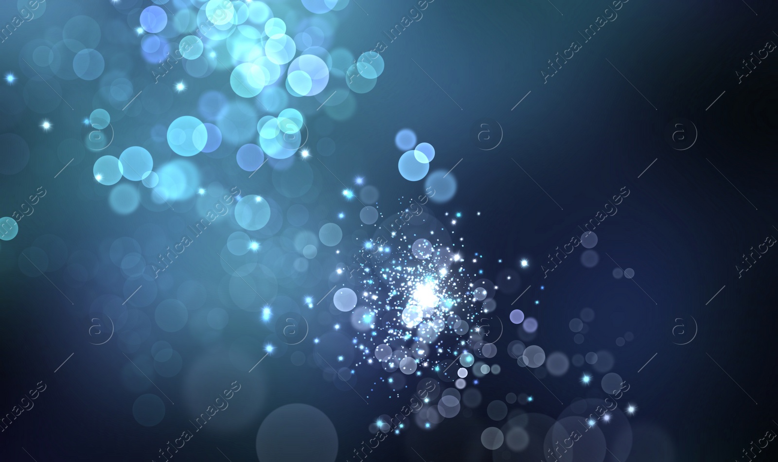 Image of Magic lights on blue gradient background, bokeh effect